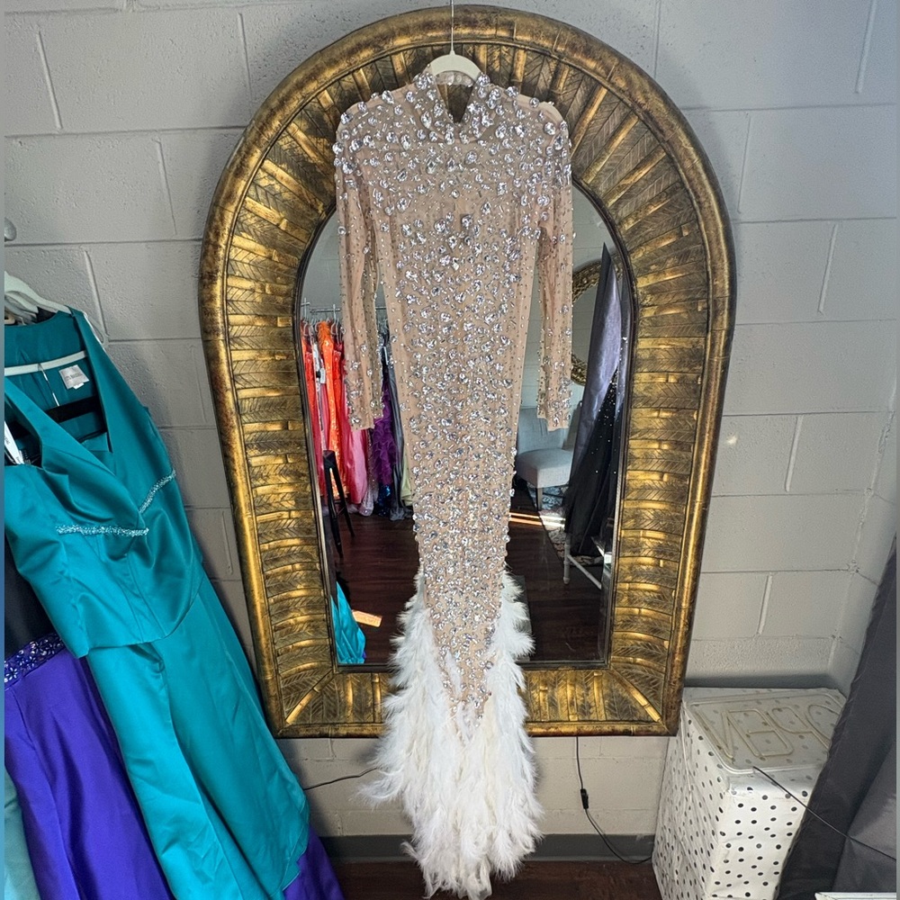 Beaded See Through Gown with Feather Trim dress for maternity or boudoir shoot